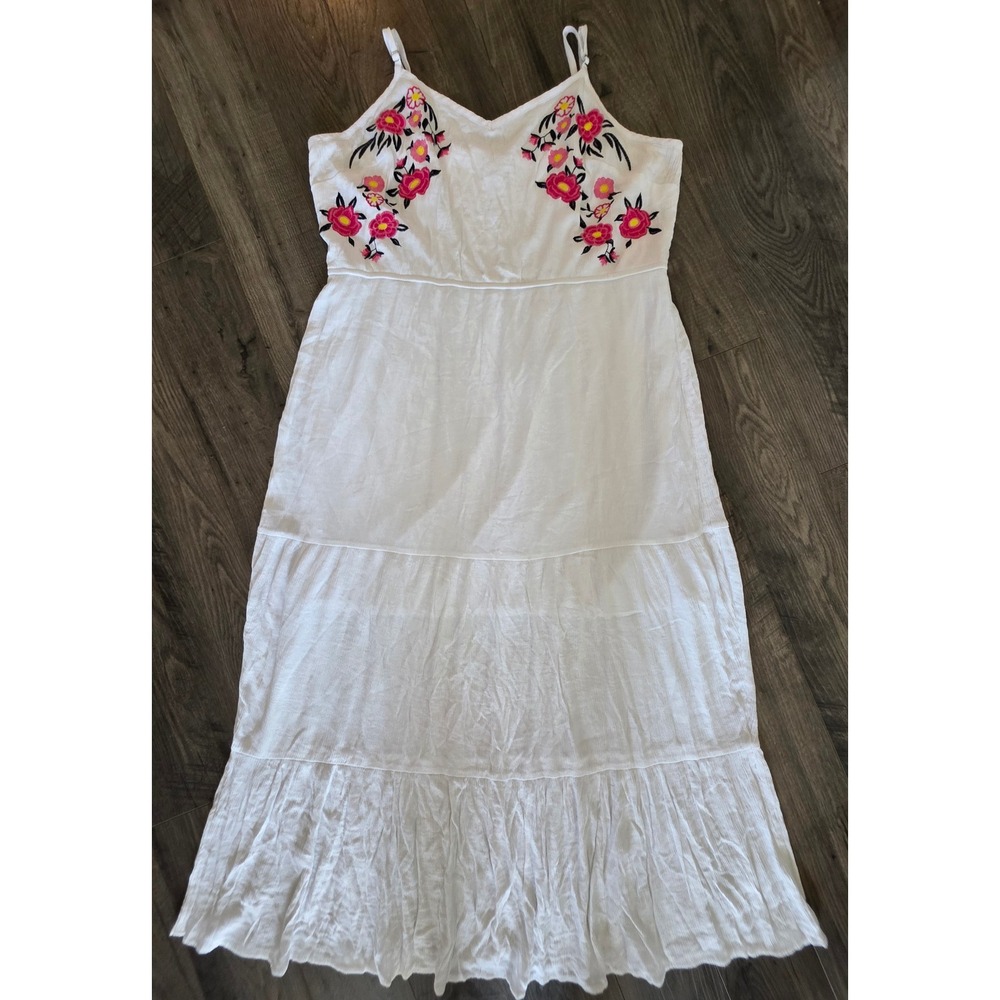 Women XXL White Floral Embroidered Tiered Maxi Dress Gauze Boho Summer Sun Dress